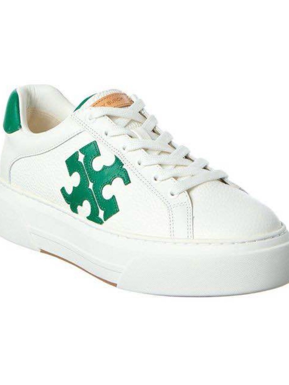 Tory Burch White Leather Platform Sneaker with Green Logo Accent
